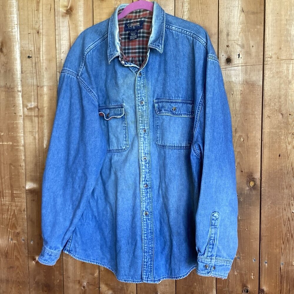 Vintage Denim Shacket Mens Flannel Lined Shirt Jacket Distressed Hipster Grunge